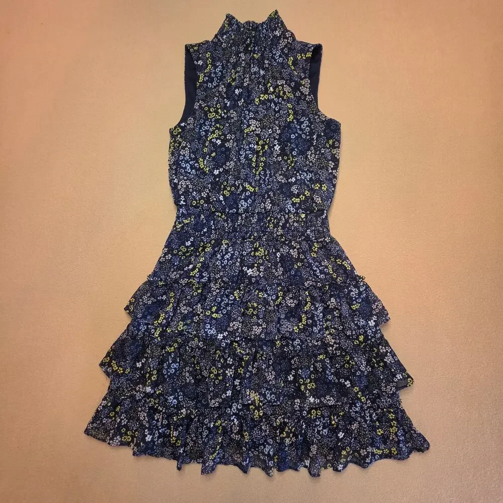 Sam & Jess Blue Floral Smocked-Waist Ruffled Tiered Sleeveless Dress Sz Small